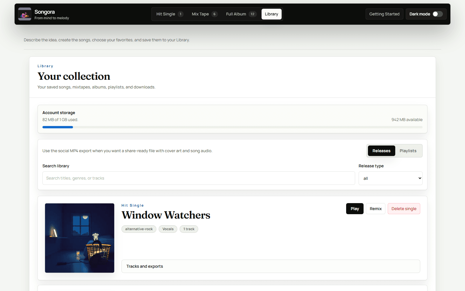 Songora Library with saved releases, playlists, play, export, remix, and manage actions.