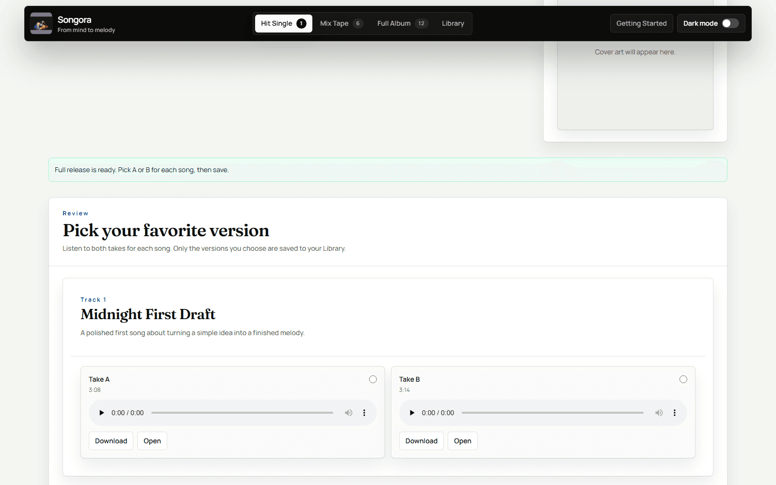 Review screen showing A and B versions for a Songora track.