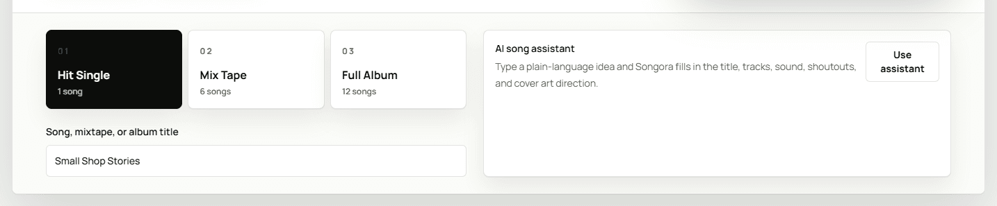 Release format cards and title field in the Songora studio.