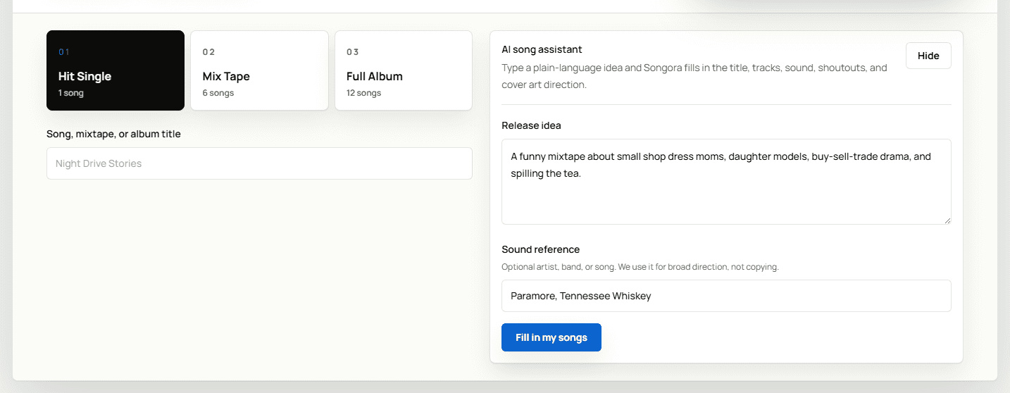 AI song assistant open with a release idea field and fill button.