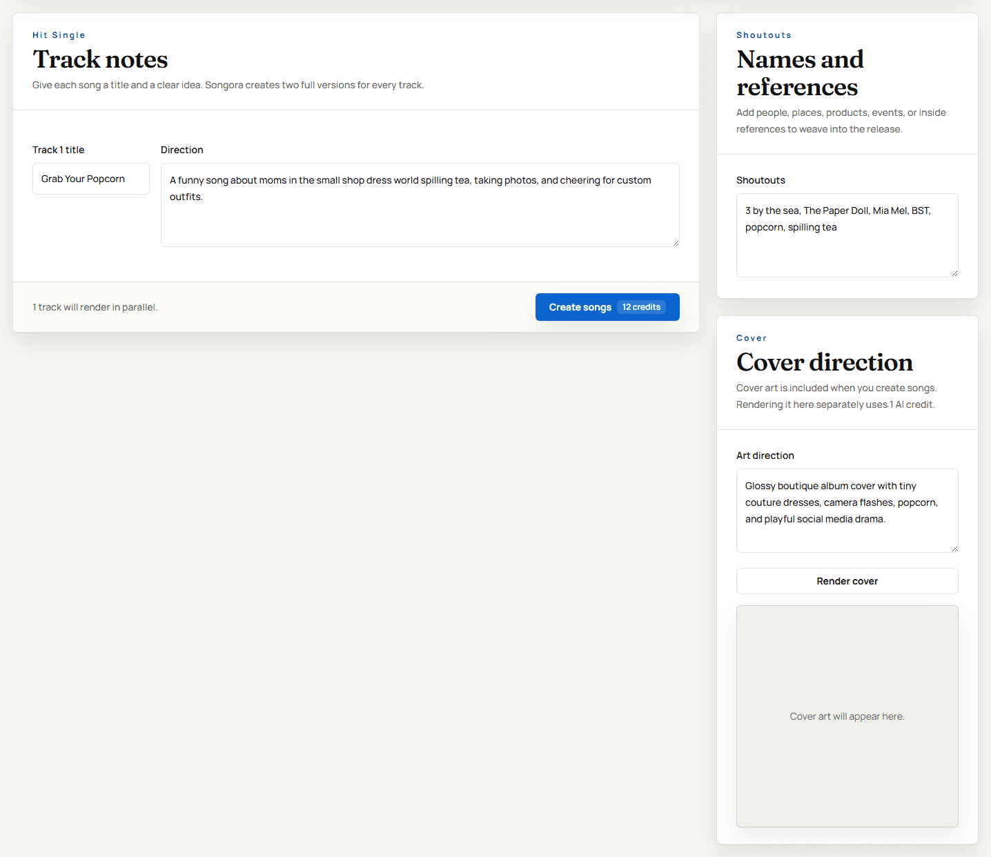 Track notes, shoutouts, cover direction, and create songs button in Songora.