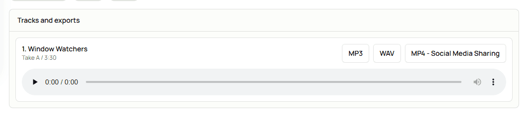 Library download options for MP3, WAV, and MP4 social media sharing exports.