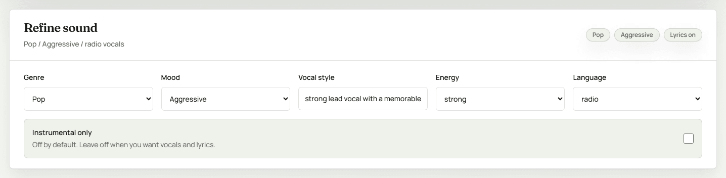 Refine sound controls with genre, mood, vocal style, energy, language, and instrumental only settings.