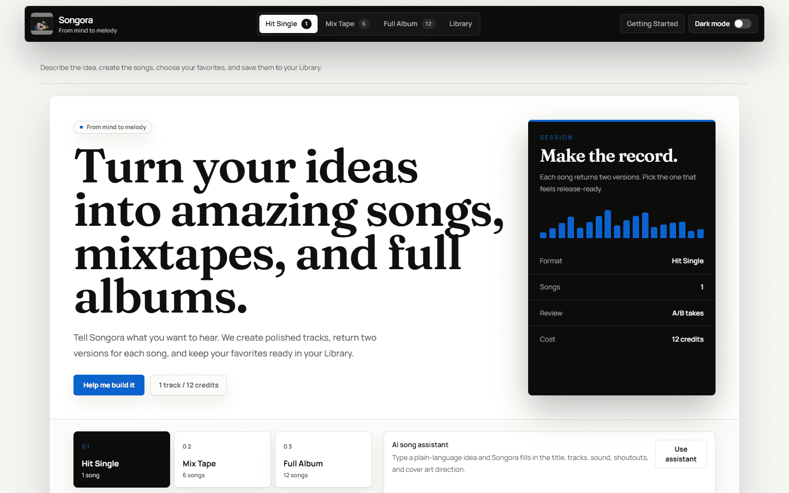 Songora studio overview with release options and the AI helper visible.
